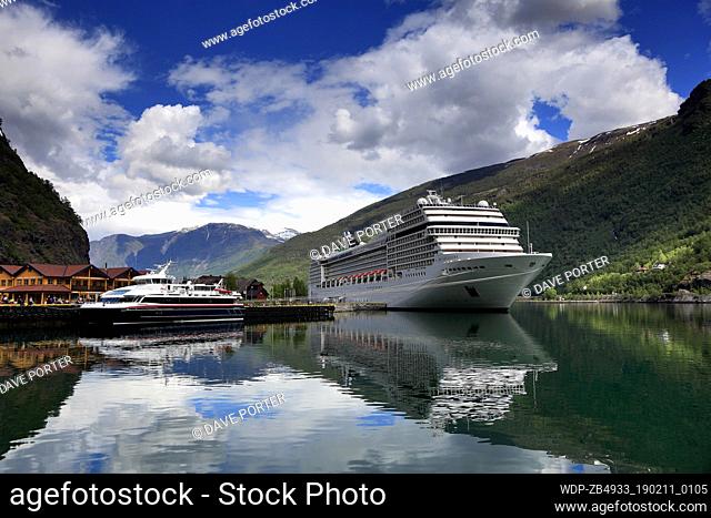 View of the Cruise ship MSC Orchestra, in the harbour at the town of Flam, where the famous Flam Railway starts from, Aurlandsfjorden Fjord