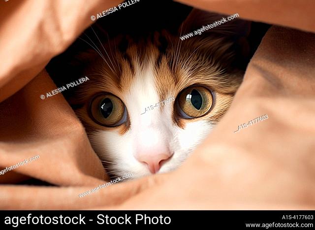 A cat hiding under blankets, adorable cute and small cat sleeping comfortable inside blankets, funny cat photo