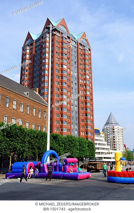 Modern architecture along the Binnenrotte, residence tower Statendam, the public library and the Blaaktoren Tower, Rotterdam, Zuid-Holland, South-Holland