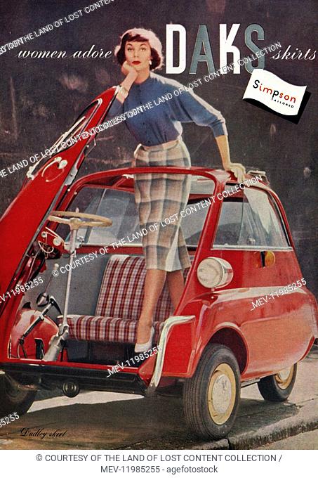 Vogue 2 Feb 1958 - 1950 DAKS at simpsons, womenswear, advert, bubble car
