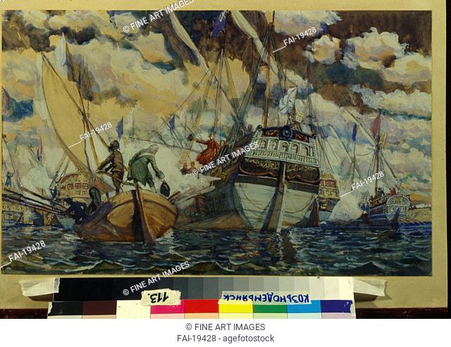Peter I and Lefort. (The Fleet of Peter I on Lake Pleshcheyevo). Kardovsky, Dmitri Nikolayevich (1866-1943). Gouache on paper. History painting. 1927