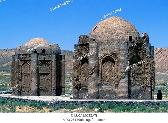 Mausoleums, 1068-1093, 11th Century, mixed technique. Iran, Kharraghan. Whole artwork view. The shape and arrangement of the two mausoleums recalls the number...