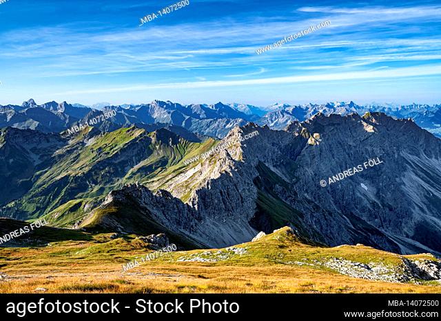 alpine mountain landscape on a sunny summer day. view from the großer thumb to the nebelhorn and the allgäu high alps. allgäu alps, bavaria, germany, europe