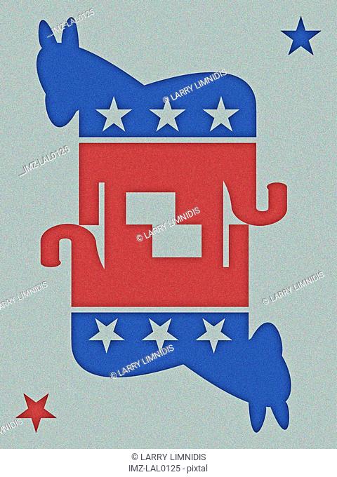 Mirror image of a Democratic donkey and Republican elephant