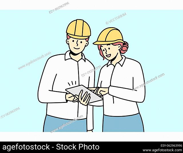 Smiling engineers in helmets working together at building site. Happy architects team brainstorm cooperate at construction place. Vector illustration