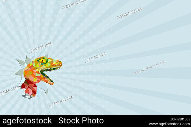 Business card showing Low polygon style illustration of a raptor t-rex dinosaur lizard reptile breaking out of wall on isolated background