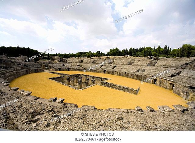 The amphitheatre at Italica, Spain, 2007. The amphitheatre at Italica could accommodate 25, 000 spectators. Italica was founded about 205 BC by Scipio Africanus...