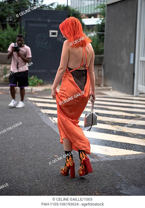 A chic showgoer posing outside of the Vetements runway show during Haute Couture Fashion Week in Paris - July 1, 2018 - Photo: Runway Manhattan ***For Editorial...