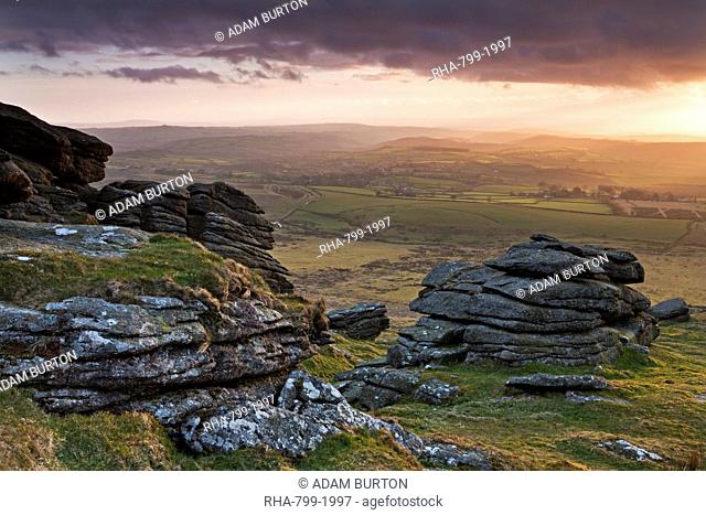 Evening sunlight over Devon countryside, viewed from Arms Tor, Dartmoor National Park, Devon, England, United Kingdom, Europe