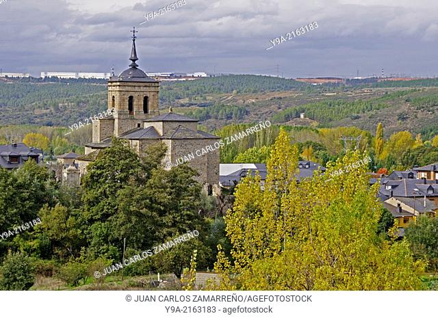 Molinaseca village detail with the church during autumn, Saint James Way, El Bierzo, Leon, Castilla y Leon, Spain