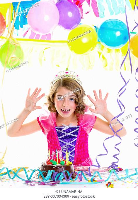 child kid crown princess in birthday party happy gesture and chocolate cake