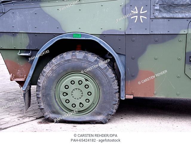 A ""Fennek"" reconnaissance vehicle with a flat tyre, pictured during a press event with reconnaissance battalion 6 ""Holstein"" in Eutin, Germany