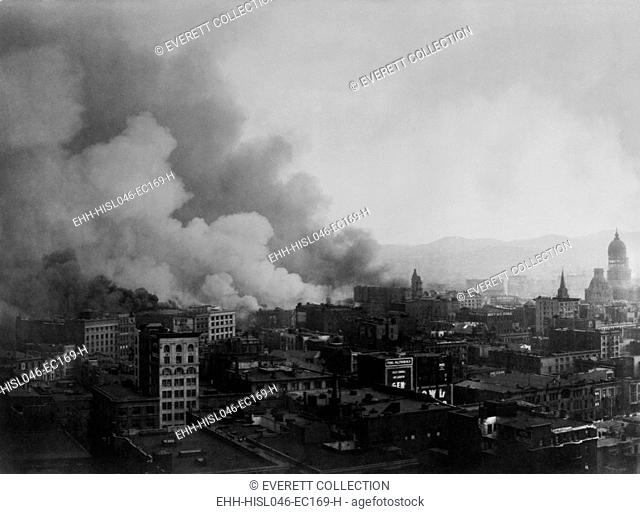 Smoke billowing over San Francisco, after April 18, 1906 earthquake. View from Stock Exchange building at the beginning of the fire (BSLOC-2017-17-13)