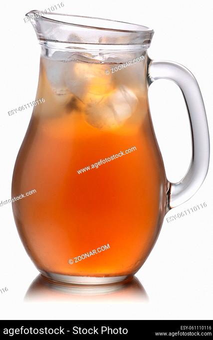 Glass pitcher of iced Kombucha, a fermented tea mushroom drink, isolated