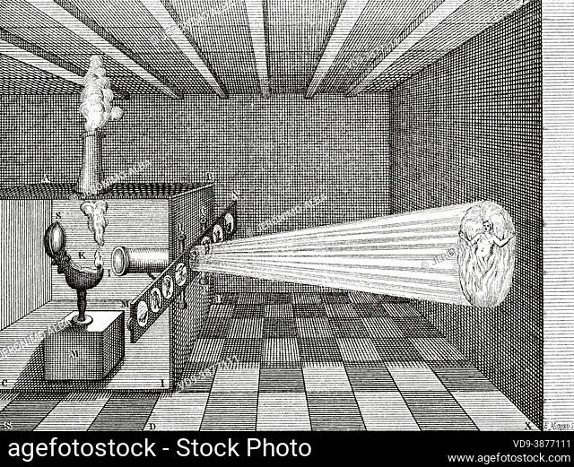 Father Kircher's Magic Lantern 1671. Early Lantern Slide Projector by by Athanasius Kircher. A camera obscura (Magic Lantern) projects the image of a burning...