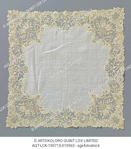 Handkerchief with a border of needle lace with corner beads, Handkerchief with a border of natural colored needle lace: Brussels lace