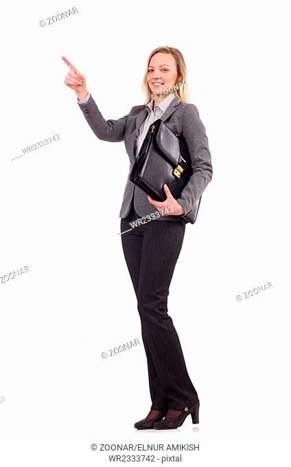 Businesswoman in gray suit isolated on white