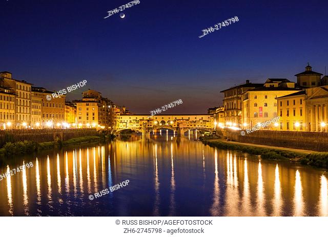 The Arno River and Ponte Vecchio at night, Florence, Tuscany, Italy