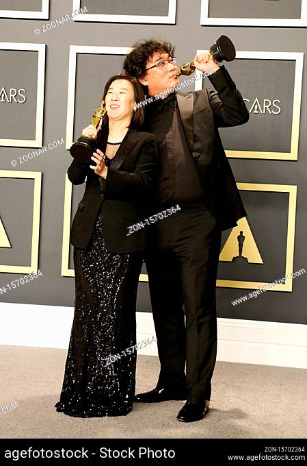 Bong Joon-ho and Kwak Sin-ae at the 92nd Academy Awards - Press Room held at the Dolby Theatre in Hollywood, USA on February 9, 2020