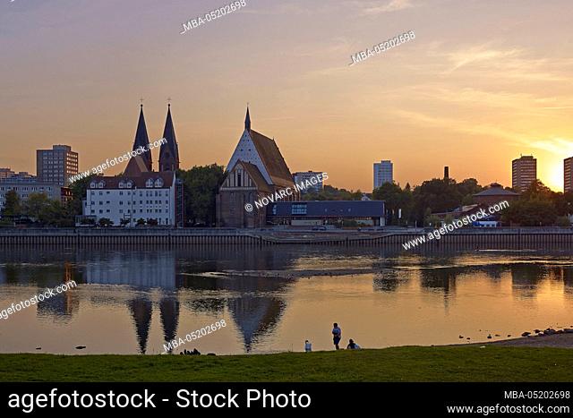City view over the Oder with concert hall C. Ph. E. Bach and Friedenskirche, Frankfurt (Oder), Brandenburg, Germany