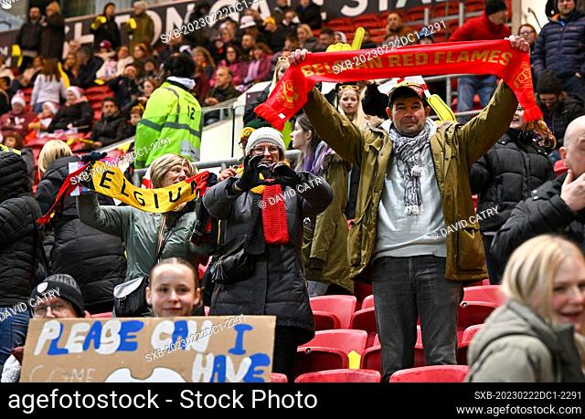 Belgian fans and supporters pictured during a friendly women soccer game between the national female soccer teams of England , called the Lionesses