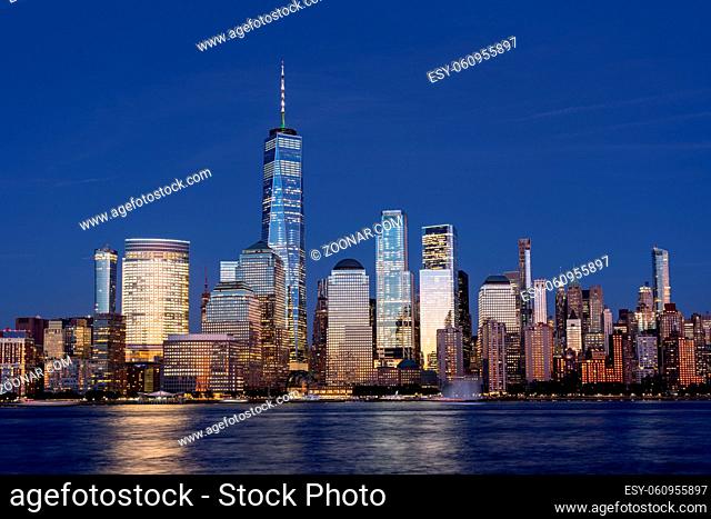 New York City, United States - September 18, 2019: Lower Manhattan skyline at night. View from Jersey City
