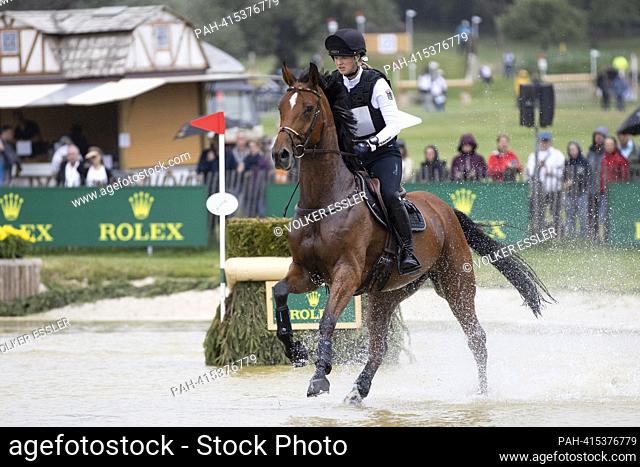 Libussa LUEBBEKE (L?BBEKE) (GER) on Caramia 34 in a gallop, in the water, action, eventing, cross-country C1C: SAP-Cup, CCIO4*, on July 1st, 2023