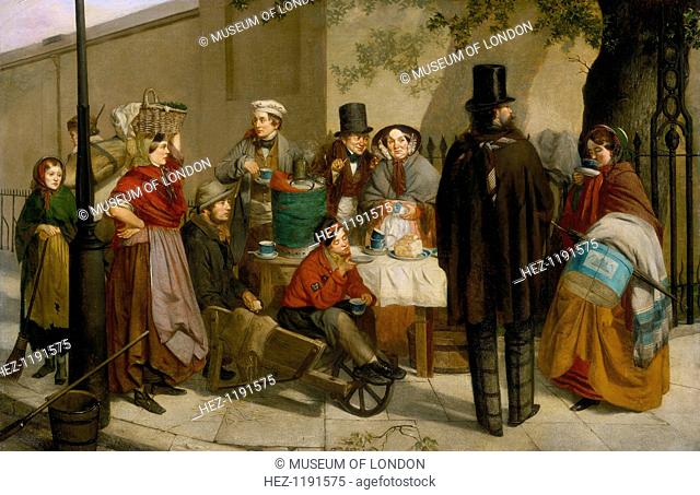 'A Coffee Stall' 1881. Street scene; a baker's boy with the City of London badge sits in a wheelbarrow blowing his coffee in a saucer