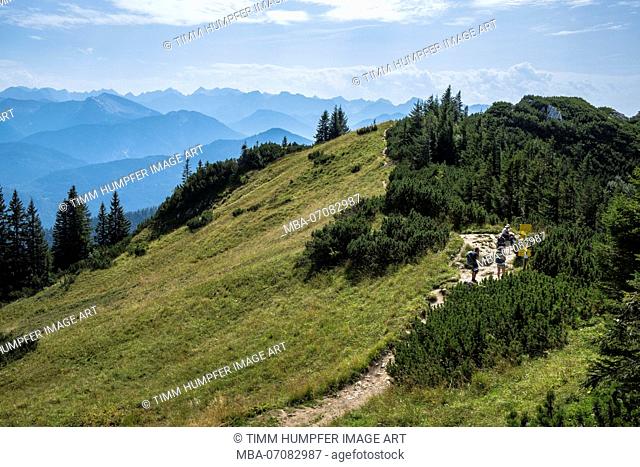 Germany, Bavaria, Bavarian foothills, Lenggries, hikers before signposts at the crossing of the Benediktenwand (mountain)