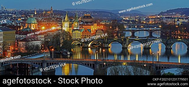Bridges over the Vltava River - Prague by night- banner, panorama, Czech Republic, April 7, 2020. (CTK Photo/Vojtech Vlk)