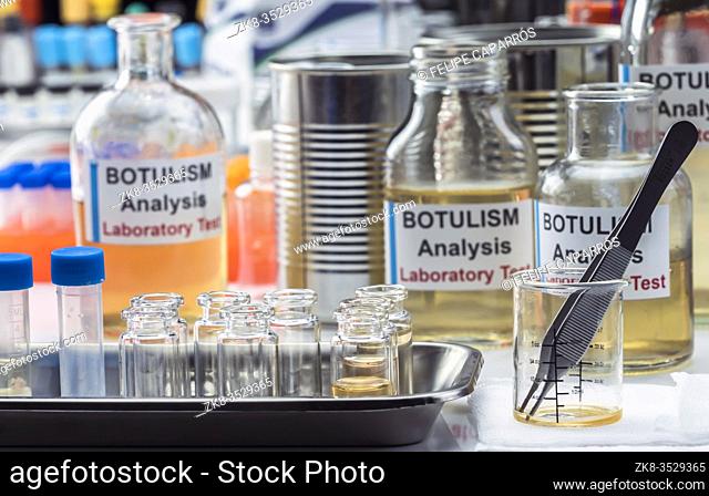 Several samples of tin cans, botulism infection in sick people, conceptual image