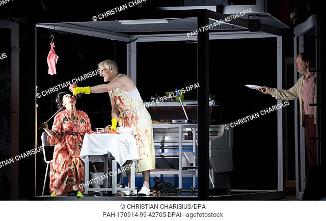 Actors rehearse Thomas Packett Prest's production of 'Tartare Noir' in the German Theatre House in Hamburg, Germany, 13 September 2017