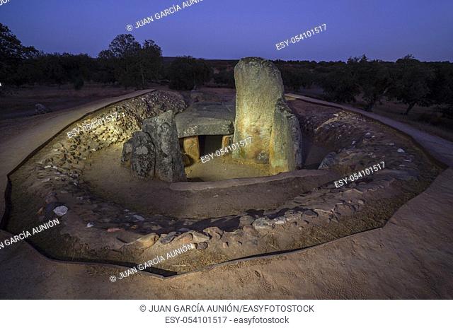 Dolmen of Lacara, the biggest megalithic burial in Extremadura. Spain. Night view