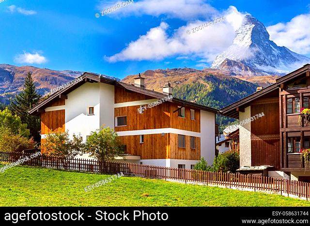 Matterhorn snow mountain and Zermatt alpine houses panorama, Switzerland, Swiss Alps