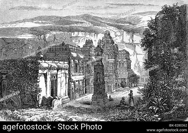 Ellora, Höhlen und Tempel, Bundesstaat Maharastra, Indien, im Jahre 1880, Historisch, digitale Reproduktion einer Originalvorlage aus dem 19