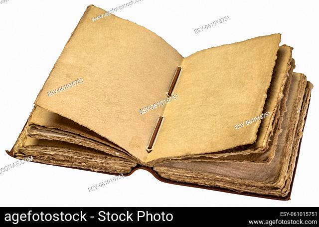 blank antique leather-bound journal with decked edge handmade paper pages isolated on white, journaling concept