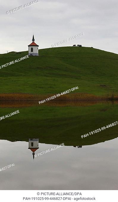 25 October 2019, Bavaria, Halblech: The chapel of a farm and a grazing cow are reflected in the water of Lake Hegratsried