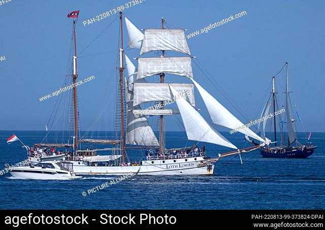 13 August 2022, Mecklenburg-Western Pomerania, Rostock: The Dutch schooner ""Loth Lorien"" cruises under sails on the Baltic Sea during guest cruises within the...