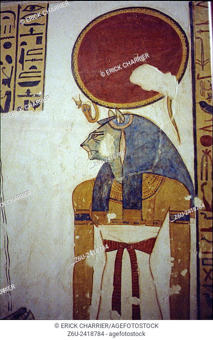 Thebes, West bank, Kings Valley, tomb of Montou-Her-Kopechef (KV19). Right wall, the prince in front of Sekhmet (scene 14)