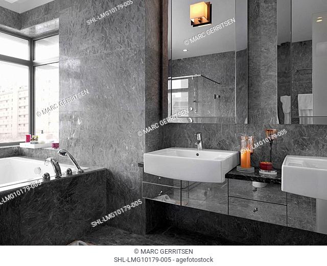 Detail modern gray marble bathroom