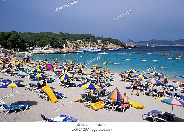 Sandy beach and bay, Cala Bassa, Sant Antoni, Ibiza, Balaeric Islands, Spain