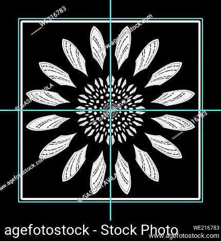 Framed geometric daisy in black and white, with some cyan geometric elements
