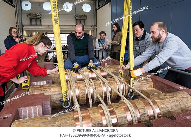 Engineering scientists of the University of Kassel check the ropes of a true to the original 1-1 replica of a co-called ""Fallstein"" chamber of the Great...