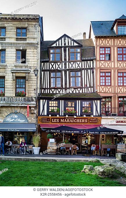 Historic buildings line the historic Place du Vieux Marché in Rouen, France