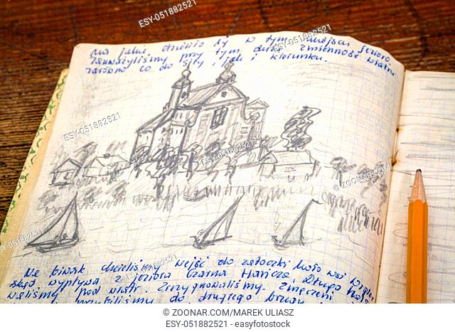 Kayak expedition journal - handwriting and drawing in pencil. Travel log from paddling trip across north eastern Poland written by me, photographer