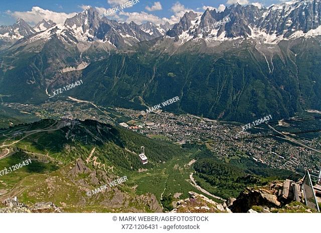 Chamonix, the Telepherique at Le Brevent high in The Aiguilles Rouges and accross from The Chamonix Aiguilles above the city Chamonix France