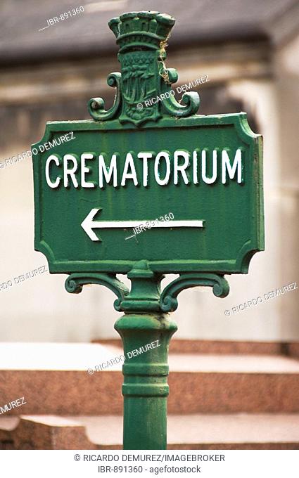 Sign leading to the crematorium in a cemetery, Cimetiere du Pere Lachaise, Paris, France, Europe