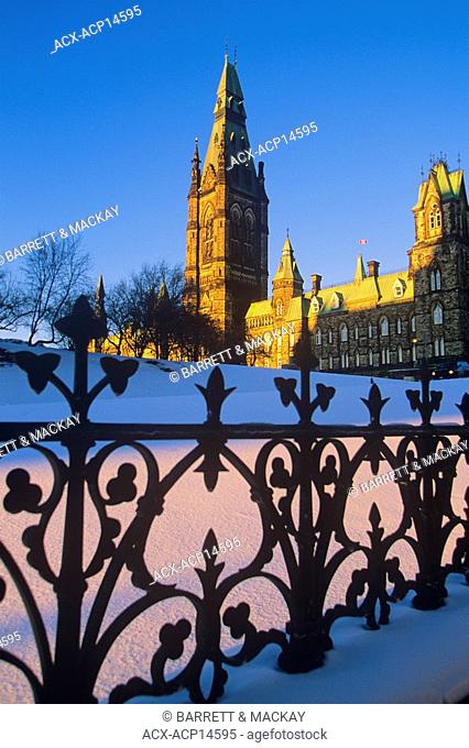 West Block of Parliament Hill in winter, Ottawa, Ontario, Canada