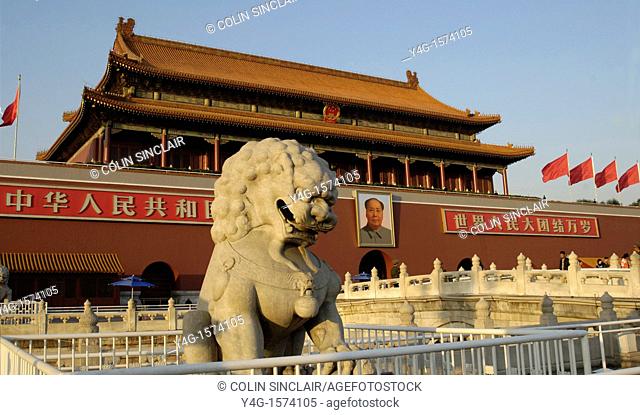 Beijing, Tiananmen Square, Gate of Heavenly peace with Stone Lion and Mao picture