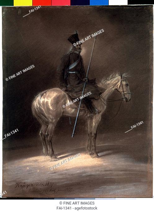 Cossack on horseback. Krüger, Franz (1797-1857). Black chalk, white colour on paper. German Painting of 19th cen. . 1837. State A